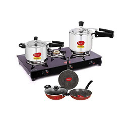 Pigeon 3 Burner Glass Top Gas Stove + 3 and 5 LTR Induction Base Inner lid Aluminum Pressure Cooker + 4Pc NonStick Cookware Set (Cookware Combo)