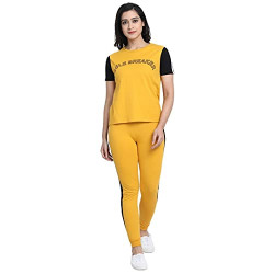 JUNEBERRY Cotton Half Sleeve T-Shirt & Track Pants Co-Ords Track Suit Set for Women and Girls (CO_01_YLW_Rule_L_Yellow_Large)