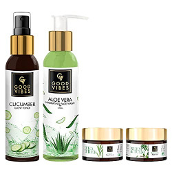 Good Vibes Skin Care Combo (Set of 4) - Aloe Vera Face Wash, Cucumber Toner, Neem & Tulsi Gel, Tea Tree Face Cream, Suited for All Skin Types - Cruelty Free
