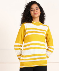 PROVOGUE Striped High Neck Casual Women Yellow Sweater