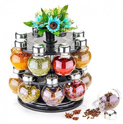 ATMAN Multipurpose Plastic 360 Degree Revolving Spice Jar Set Masala Dani Containers Rack Condiment Vatti Anjarai Petti for Kitchen - Combo of 16 (Black, 125 ML)