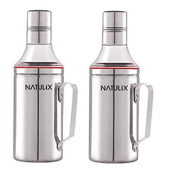 NATULIX Stainless Steel Nozzle Oil Dispenser 1 Litre | Oil Pourer | Oil Pot | Oil Container | Oil Can | Oil Bottle with Handle - 1000 ml each | Silver (Pack of 2)