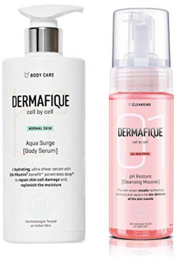 Dermafique Aquasurge Body Serum for Normal Skin, Dermatologist Tested (300ml) And Dermafique Ph Restore Cleansing Mousse, Pink, 150ml