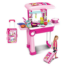 Popsugar Kitchen Set Trolly with Light and Music Toy for Kids, Pink