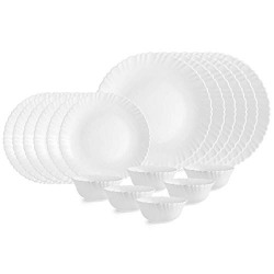 Cello Opalware Dazzle Series Plain Dinner Set, 18 Units | Opal Glass Dinner Set for 6 | Light-Weight, Daily Use Crockery Set for Dining | White Plate and Bowl Set
