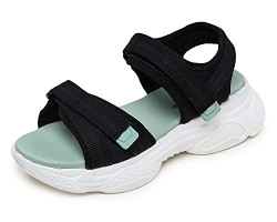 TRASE Flat Sandals for Women & Girls | Light weight, Comfortable & Trendy | Soft Footbed | Casual and Stylish Sandals for Walking, Working, All Day Wear-Black & Sea Green,5 UK
