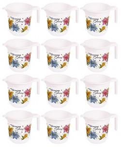 Kuber Industries Floral Print 12 Pieces Unbreakable Strong Plastic Bathroom Mug, 500 ML (White)-KUBMART10282