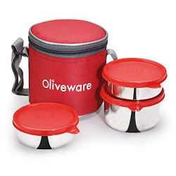 Oliveware Lovely Stylo Lunch Box | Stainless Steel Containers | Idle for Office Use | Insulated Fabric Bag | Leak Proof & Microwave Safe | Full Meal & Easy to Carry - Red