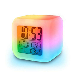 Truvic Magic Digital Calendar, Timer Watch, Temperature Light Operated LED Plastic Alarm Clock with Automatic 7 Color Changing (White, 7.5x7.5x7.5 cm)