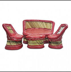 Artisan Village Toy 4 Pcs Baby's toys Mudda Set with Sofa / 2 Chair & Table | Kids Toy Sofa Set Furniture & Furnishing Bamboo Toys Set/Muddha for Toy/Showpiece Outdoor/Indoor/Showpieces Flower Style, Red