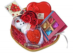 MANTOUSS Valentines Day Gift for Girlfriend/Boyfriend/Husband/Wife/Fiance-Beautiful Basket+Chocolates in a Decorated Box+3pc Roses and Teddy Bear in Heart Box+Message Bottle+Heart Shaped Candle+Card