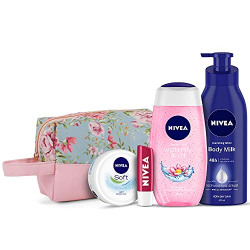 NIVEA Women Combo, Body Milk Nourishing Lotion 400 Ml, Waterlily & Oil Shower Gel 250 Ml, Soft Light Moisturizer 50 Ml, Cherry Lip Balm 4.8 G, With Grooming Pouch, 5 Pieces