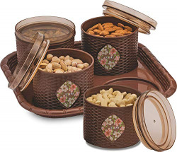 Nabhya 4 Pcs Plastic Air-Tight Dry Fruit Set Box with Lid & Serving Tray, Storage Container (Dark Brown)