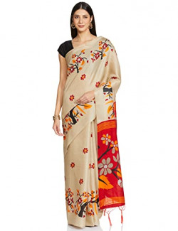 OOMPH! art silk Printed Saree (stbirdbeige_n_ Peanut Beige_ OS)