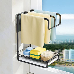 Wolpin Multipurpose 3 in 1 Kitchen Sink Organizer Rack Stand Self Adhesive (for Dishwasher Liquid, Brush, Cloth, Soap, Sponge) Cleaning Brush Storage Basket Waterproof, Water Drain Tray Wash Basin