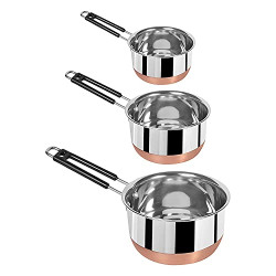 Stainless Steel Copper Bottom Sauce Pan Tea Pan Milk Pan Coffee pan Flat Base Tapeli Patila Induction Base 1, 1.5 and 2 Liter Sauce Pot Milk Boiler Cookware Set with Handle (1000, 1500 and 2000ml)