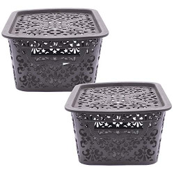 SIMPARTE Turkish Basket with lid for Kitchen, Vegetables, Toys, Books, Office, Stationery, Utility, Cosmetics, Accessories, Closet, Wardrobe (Brown, Small, Set of 2)