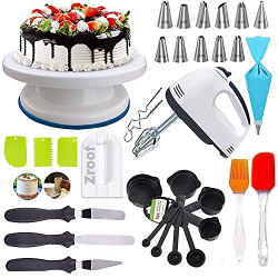 A deal Turntable, Nozzle Set, Electronic Beater, Scrapers, Measuring Cups and Spoons, Silicon Brush Spatula, Smoother for Cake Decoration (Multicolour) -8 Piece