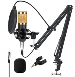 Techtest BM800 Broadcasting Studio Recording Condenser Microphone Mic Kit with Plastic Shock Mount Adjustable Suspension Scissor Arm Stand Pop Filter (Need extra phantom power)