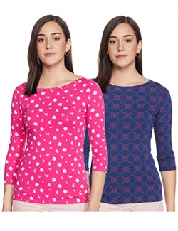 Amazon Brand - Myx Women's Slim T-Shirt (PAG 101_Hot Pink and Navy S)