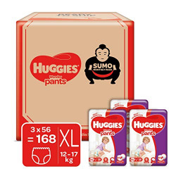 Huggies Wonder Pants Diapers Sumo Pack, Extra Large (XL) size baby diaper pants, 168 count, with Bubble Bed Technology for comfort