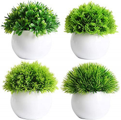Dekorly Greenery Artificial Mini Bonsai Plants Artificial Plants Potted Fake Bonsai Ball Plant Faux Green Grass with Pots (Green, 10 cm Width and 16 cm Height) - Set of 4 Plastic