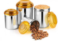 Classic Essentials 4 Pcs Canister Set withOrange Lids  - 2200 ml, 1500 ml, 850 ml, 650 ml Steel Tea Coffee & Sugar Container(Pack of 4, Orange, Silver)