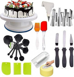DEETTO Cake Turntable, 12 Piece Cake Decorating Nozzle Set, 3 in 1 Multi Function Knife Set, 3 Side Scrapper, Silicone Spatula and Brush Set , 8 Measuring Cups and Spoon, 1pc Plastic Smoother-cake making kit with turntable cake making items cake making set cake decorating items combo pack