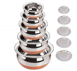 Shopeum Stainless Steel Copper Bottom Handi,patila, Pot Biryani Punjabi Handi Set with Lid 5 Pieces Serving Bowls with Lids Cookware Set Capacity:- 0.5 L,0.8 L,1.2 L,1.5 L,1.8 L,(Copper & Silver)