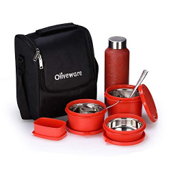 SOPL-OLIVEWARE Teso Pro Lunch Box with Bottle, 3 Stainless Steel Containers, Plastic Pickle Box, Steel Spoon & Fork, Insulated Fabric Bag, Leak Proof, Microwave Safe, Full Meal, Easy to Carry - Red