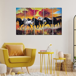 VibeCrafts Running Seven Horses 5 Pieces Canvas Wall Painting For Home | Office | Living Room | Gift (PTVC5Pcs4_8522)