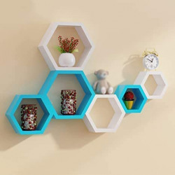 Acco & deco Hexagon Wall Shelf for Living Room Stylish | Hexagonal Designer Wooden Shelves for Home Decor Items| Display Rack for Bedroom, Kitchen, Office and More(Set of 6| Color-White & Sky Blue)