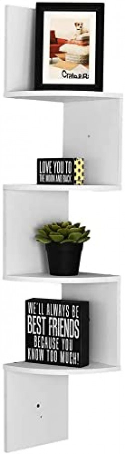 Abhika Arts Zig - Zag Floating Corner Shelves, 4-Tier Wall Mounted Storage Shelf with White Finish for Bedroom, Living Room, Bathroom, Display Shelf for Small Plant, Photo Frame, Toys and More (White)