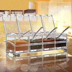 THEODORE Crystal Seasoning Box, Acrylic Transparent Spice Jar Box, Kitchen Accessories Items Case, Storage Container Condiment Dispenser for Salt, Sugar Cruet with Cover & Serving Spoons - Set of 4