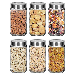 BRIDESTONE 1000ML JAR Kitchen Storage Cube Glass Jars,Airtight Glass Canister with Silicone Buckle Lid,Perfect for Kitchen Canning Cereal,Pasta,Sugar,Beans and More glass jar set of 6