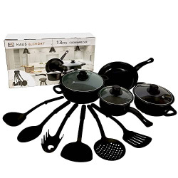 Haus Alchemy 13 Pieces Non-Stick Iron Kitchen Cookware Set with Lids Includes 1pc Frying Pan, 2Pcs Casserole, 1Pc Sause Pan with 3 Lids & 6Pcs Ladle Set - Induction Safe, Beginner Kitchen Cooking Set