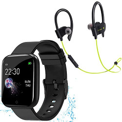 TechKing (SPECIAL DEAL WITH 12 YEARS WARRANTY) Waterproof Smart Watch JB20 For Men Women Fitness Tracker Blood Pressure Heart Rate Monitor For Girls & Boys with Z1 Wireless Bluetooth Headset Hand-Free Calling, Sweatproof (BLACK)