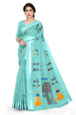 SOURBH Women's Plain Weave Cotton Blend Tribal Warli Art Printed Saree with Blouse Piece (35773-Aqua Blue)