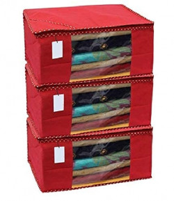 Home Style India Non-Woven Saree Storage Bag with Transparent Window, Extra Large (Pack of 3, Red)