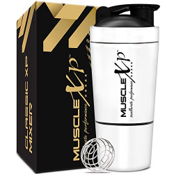 MuscleXP Gym Shaker Classic XP Mixer Stainless Steel Shaker Blender with Storage, 100% Leakproof Guarantee, 591 ml + 200ml for Protein, Pre Workout and BCAAs, BPA Free Material + Spring Ball (White)