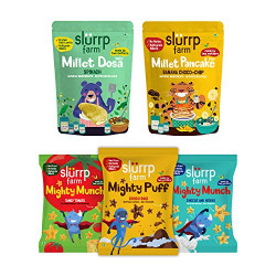 Slurrp Farm Protein Breakfast Combo Pack of 5 (360g)|150g( Spinach Dosa Mix, Choco-Chip Pancake Mix Pack )+ 20g(Pack of 3 Ragi Puffs )