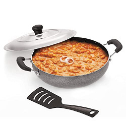 PANCA Induction Kadhai with Spatula Non-Stick 2-Litre with Steel Lid, Silver Grey (Induction and Gas Compatible), 24 cm