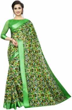 ASHVMEGH Digital Print Fashion Cotton Linen Saree(Green)