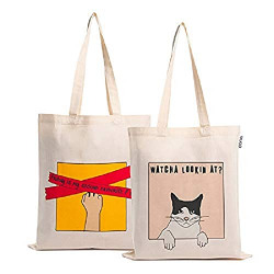 Amazon Brand-Eono Reusable Tote Bags|100% Organic Cotton Shopping/Grocery Bag|Eco-Friendly Bag |Canvas Bag with 15kgs Capacity | Pack of 2 | Friday is my SECOND FAVOURITE F WORD & WHATCHA LOOKIN AT?