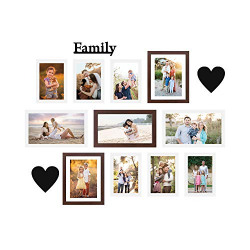 Amazon Brand - Solimo Collage Set of 11 Brown & White Photo Frames (5 x 7 Inch - 6, 6 X 10 Inch - 3 & 8 X 10 Inch - 2) With 'Family' & Heart Plaques