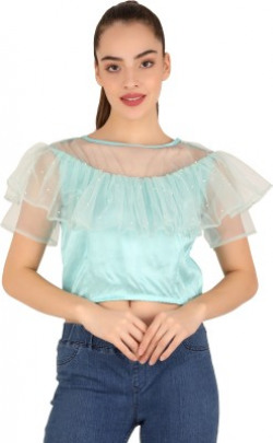 UNFAKENOW Party Sleeveless Embellished Women Light Blue Top