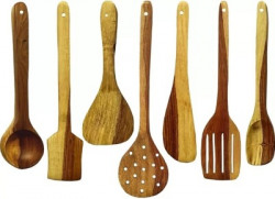kisniv Wooden-Spoon 7 Wooden Spoon Set Of 7 Jhara,Jharni,Palta,Doi,Butter,Rice,Medium Spoon Brown Kitchen Tool Set(Brown)