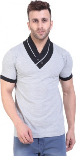 Self Design Men V-neck Grey T-Shirt