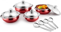 Jensons 4 Handi with lid + 4 Serving Spoon Induction Bottom Cookware Set(Stainless Steel, 8 - Piece)