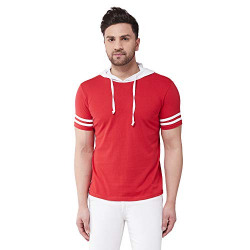 GRITSTONES Men's Regular Fit Cotton Blend Color Block Hooded Neck Half Sleeves Casual T-Shirt (Color- Red White, Size-XL)